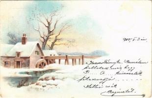 1900 Winter landscape, greeting art postcard litho