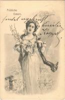 1903 Fröhliche Ostern / Easter greeting art postcard, lady with rabbit. G. Rüger & Co. Wien V. 1. Serie 92. (EK)