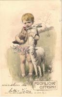 1900 Fröhliche Ostern! / Easter greeting art postcard, child with rabbit and sheep. Theo. Stroefers Kunstverlag S. XXXV. Nr. 1. (EK)