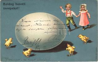 Boldog Húsvéti Ünnepeket! / Easter greeting art postcard, children with chicken and egg. Serie 557. No. 3356. Emb. litho (EK)