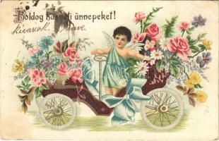 1906 Boldog Húsvéti Ünnepeket! / Easter greeting art postcard, angel with automobile. Floral, litho (EB)