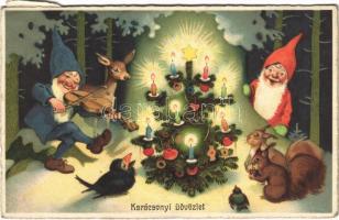 Karácsonyi üdvözlet törpékkel / Christmas greeting art postcard, dwarves with forest animals litho