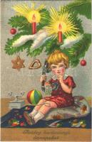 Boldog Karácsonyi ünnepeket / Christmas greeting art postcard, child with toys