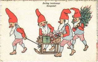 1930 Boldog Karácsonyi ünnepeket! törpék játékokkal / Christmas greeting art postcard, dwarves with toys. B.K.W.I. 2969-2. (EK)
