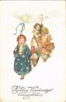 Boldog Karácsonyi ünnepeket / Christmas greeting art postcard, children with toys. M.M. Nr. 1385. (EK)