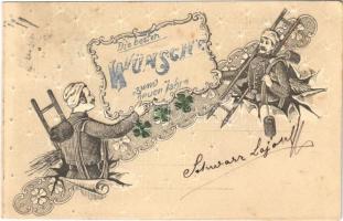 1902 Die besten Wünsche zum neuen Jahre! / New Year greeting art postcard, chimney sweepers with clover. Emb. litho