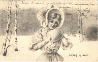 1905 Boldog Újévet! / New Year greeting art postcard, lady in the snow. B.K.W.I. 2655/1. (EK)