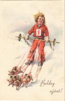 Boldog Újévet! / New Year greeting art postcard, skier pulled by pigs, winter sport