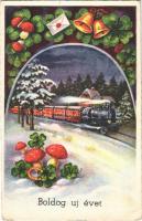 Boldog Újévet! / New Year greeting art postcard, locomotive with mushrooms, clover, horseshoe. Rokat 1634. (EK)