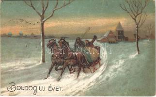 1924 Boldog Újévet! / New Year greeting art postcard, horse-drawn carriage in winter. Amag No. 1719. litho s: G. Nestl (EK)