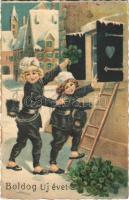 1935 Boldog Újévet! / New Year greeting art postcard, chimney sweeper girls with clovers (EK)