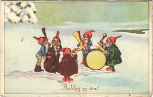 Boldog Újévet! / New Year greeting art postcard, dwarves' music band in the snow. W.S.S.B. 9240...