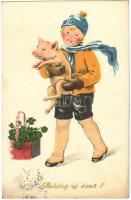 Boldog Újévet! / New Year greeting art postcard, boy with pig (fl)