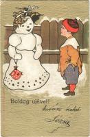 1902 Boldog Újévet! / New Year greeting art postcard, snowman (snowlady) with child. ERIKA No. 826. Emb. litho (EK)