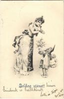 1901 Boldog Újévet! / New Year greeting art postcard, lady with dwarf (EM)