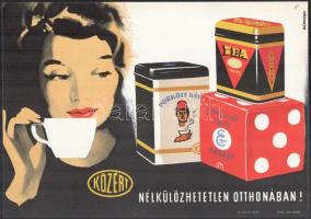 Villamosplakát: Közért nélkülözhetetlen otthonában! Pörkölt kávé, tea, kakaó, Bánhegyi grafikája, 33,5x24 cm