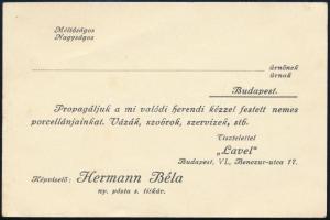cca 1930-40 Herendi kézzel festett porcelán értékesítését propagáló reklám kártya, Lavel cég, Bp., VI., Benczur u. 17. képviselő Hermann Béla, 8,5x13 cm