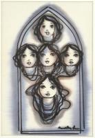 Macskássy Izolda (1945- ): Öt arc. Vegyes technika, selyem, jelzett, üvegezett fa keretben. 31,5x22 cm