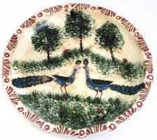 XIX. sz. Pávás fajansz tál. Kézzel festett, jelzés nélkül, sérült. d: 30 cm