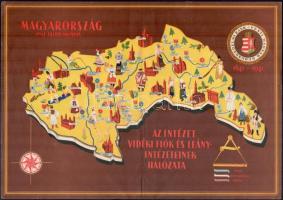 1941 A Pesti Magyar Kereskedelmi Bank fiók és leányintézeteinek dekoratív rajzos térképe a visszafoglalt területekkel, hajtott, lap szélén részben javított apró szakadásokkal, 29×41 cm