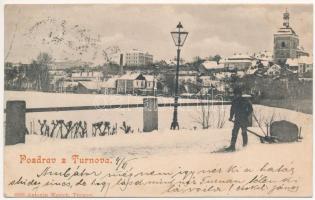 1899 Turnov, Turnova nad Jizerou, Turnau; street view in winter, man with sled. Antonin Werich (EB)
