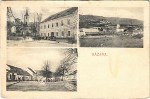 1908 Sázava, Sasau; street view, square, church, shop. Fotogr. A. Pokorny (small tear)