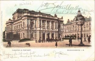 1900 Liberec, Reichenberg; Theater & Postamt / theatre, post office. Verlag Photographisches Atelier I. Ranges K.W. Engel (EK)