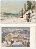 13 db RÉGI téli sport motívum képeslap: síelők / 13 pre-1945 winter sport motive postcards: skiing
