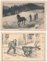 5 db RÉGI téli sport motívum képeslap: lovas és szarvas síelők / 5 pre-1945 winter sport motive post...