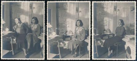 1936 Szeghalom, dohányárus kisasszonyok (az üzletben levő reklámok engednek erre következtetni), 3 db feliratozott vintage fotó, 11,4x8,2 cm