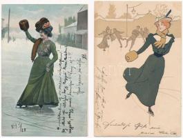 9 db RÉGI téli sport motívum képeslap: korcsolya / 9 pre-1945 winter sport motive postcards: ice ska...
