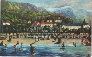 Millstatt am See (Kärnten); Strandbad und Hotel Burgstaller / beach, bathers, hotel. Verlag Franz Burgstaller