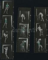 cca 1969 Vetkőzni tanult a kamera előtt; szolidan erotikus felvételek, 13 db vintage NEGATÍV, + 13 db vintage kontakt pozitív másolat a negákról, 24x36 mm