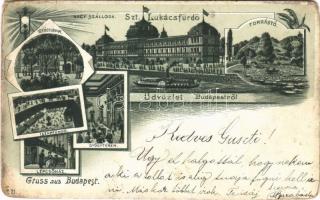 1898 (Vorläufer!) Budapest II. Szent Lukács fürdő, gyógyudvar, iszapfürdő, lépcsőház, nagyszálloda, forrástó, belső. Art Nouveau litho (Rb)