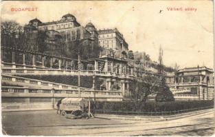 1912 Budapest I. Várkerti sétány, Hirsch Mihály árus kocsija, villamossín (fa)