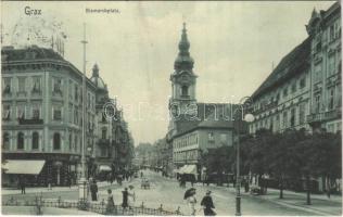 1908 Graz (Steiermark), Bismarckplatz / square, street view, restaurant, dentist, tram, shops. Jos. A. Kienreich (fl)
