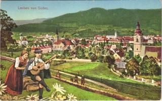 Leoben (Steiermark), von Süden / general view, church, folklore