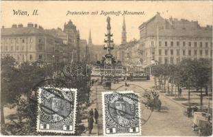 Wien, Vienna, Bécs; Praterstern mit Tegetthoff-Monument / street view, monument, tram, horse-drawn carriages (EK)