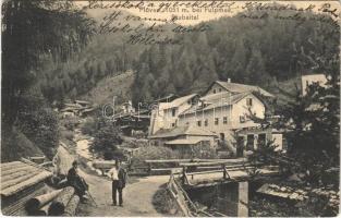 1914 Stubaital (Tirol), Plöven bei Fulpmes / street view, bridge, lumber yard (EB)