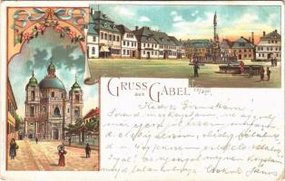 1899 Gabel, Gabel bei Niemes (Nemecké Jablonné, Jablonné v Podjestedí); main square, street view, basilica. Gebrüder Stiepel Art Nouveau, floral, litho (EB)