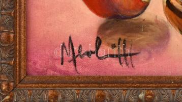 Olvashatatlan (Merlitt?) jelzéssel: Tengerparti csendélet antik szoborral. Olaj, vászon, apró felüle...