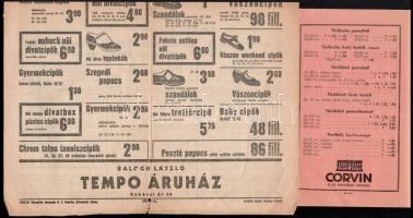 cca 1940 Corvin áruház és Tempo áruház reklám nyomtatvány