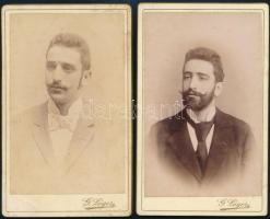 cca 1882 Pöstyén, Lőger Gusztáv fényképészetében készült 2 db keményhátú vintage fotó, mindkettőn ugyanaz az ismeretlen személy látható, kb. 10 év különbséggel, 10,6x6,5 cm