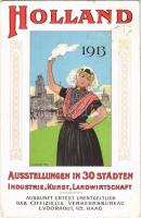 1913 Holland, Ausstellungen in 30 Städten Industrie, Kunst, Landwirtschaft / Dutch Exhibitions in 30 cities industry, art, agriculture. Litho Lankhout (small tear)