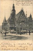 1907 Wroclaw, Breslau; Rathaus / town hall, horse-drawn carriages (glue marks)
