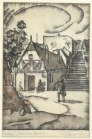 Gergely Imre (1868-1957): Tabán, Kőműves lépcső. Tus, papír, jelzett. Lapon néhány kisebb folttal. Üvegezett fa keretben, 28,5×20 cm / Ink on paper, signed.