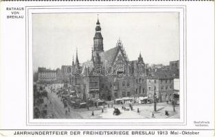 Wroclaw, Breslau; Rathaus. Jahrhundertfeier der Freiheitskriege 1913 Mai-Oktober / town hall, shops, tram. To commemorate the centenary of the War of Liberation