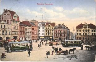 1913 Cieszyn, Teschen; Demelplatz, Apotheke / square, street view, tram, pharmacy, shops, market vendors. Ed. Feitzinger No. 19.
