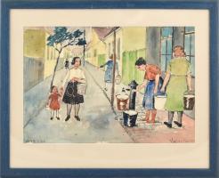 Vajda Ferenc (1892-?): Kútnál, 1949. Akvarell, ceruza, papír, jelzett. Üvegezett fa keretben. 28,5x42 cm
