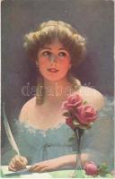 1920 Lady with roses, art postcard
